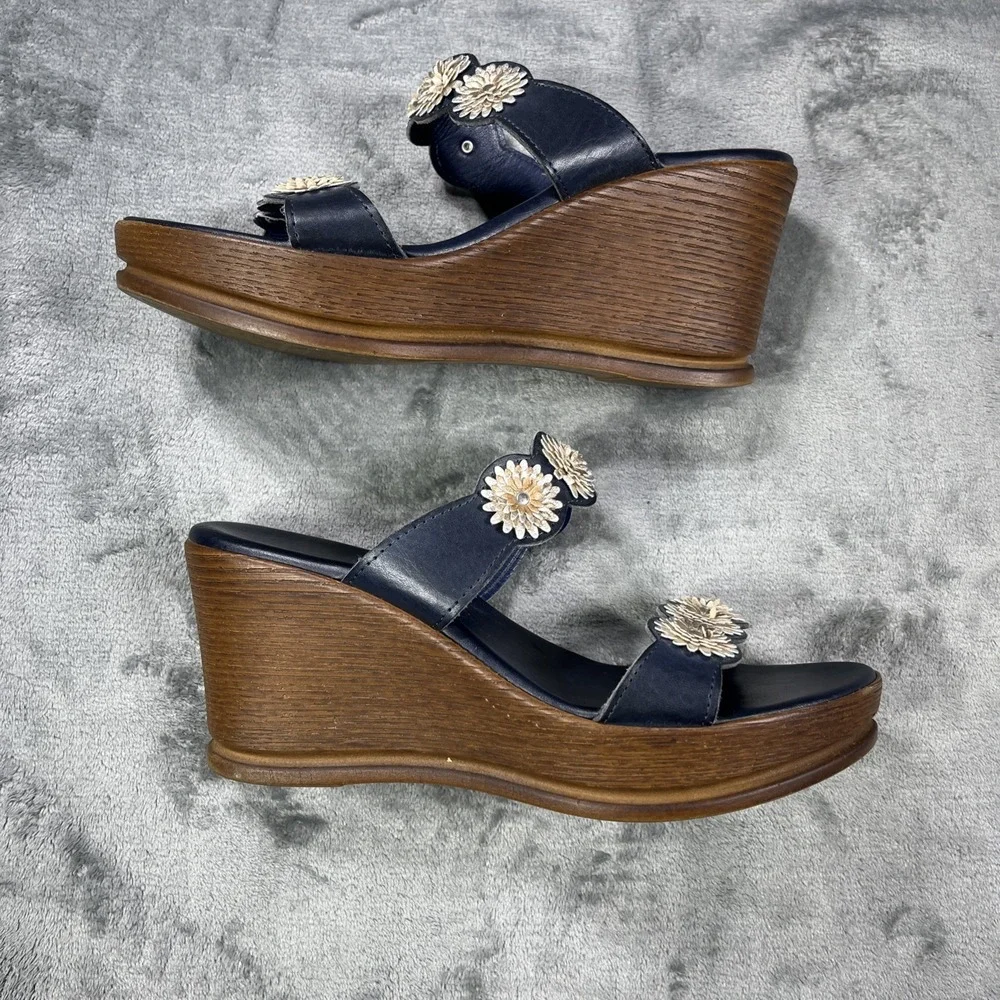 Italian Shoemakers Platform Wedge Sandals Size 10 Blue Wide straps Open Toe Shoe